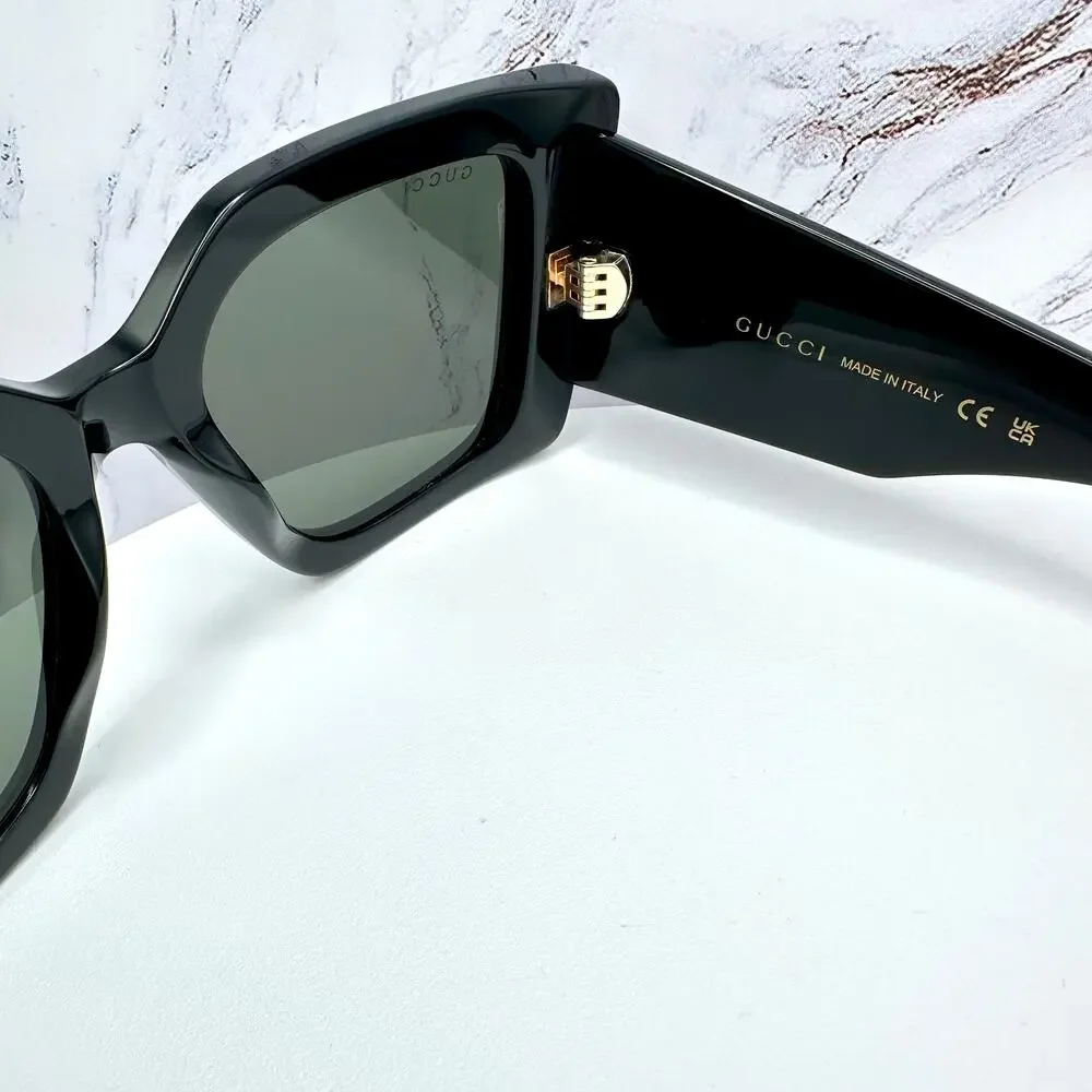 New GUCCI Sunglasses Black Gold Logo Square Oversized 51mm Grey Lens Womens